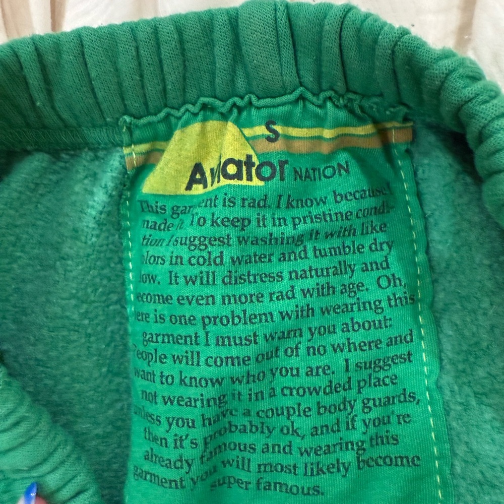 Aviator Nation Green Sweatpants with Red Heart and Yellow Lightning - Picture 3 of 3